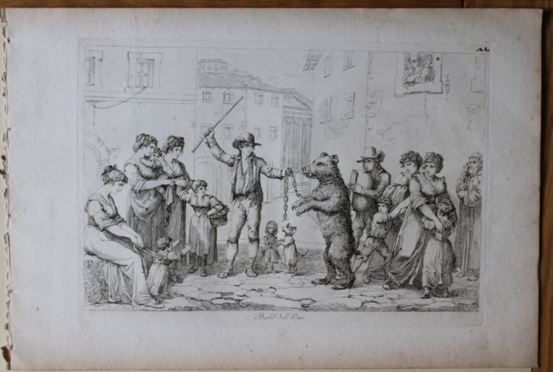 Ballo dell Orso by B Pinelli from Costumi Pittoreschi 1809: This etching is from Raccolta di Cinquanta Costumi Pittoreschi incisi all acqua forte da Bartolomeo Pinelli Romano. Published by Lorenzo Lazzari, Rome 1809.This plate is entitled: Ballo dell OrsoThis