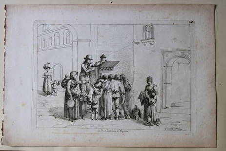 La Lanterna Magica by B Pinelli from Costumi Pittoreschi 1809: This etching is from Raccolta di Cinquanta Costumi Pittoreschi incisi all acqua forte da Bartolomeo Pinelli Romano. Published by Lorenzo Lazzari, Rome 1809.This plate is entitled: La Lanterna MagicaTh
