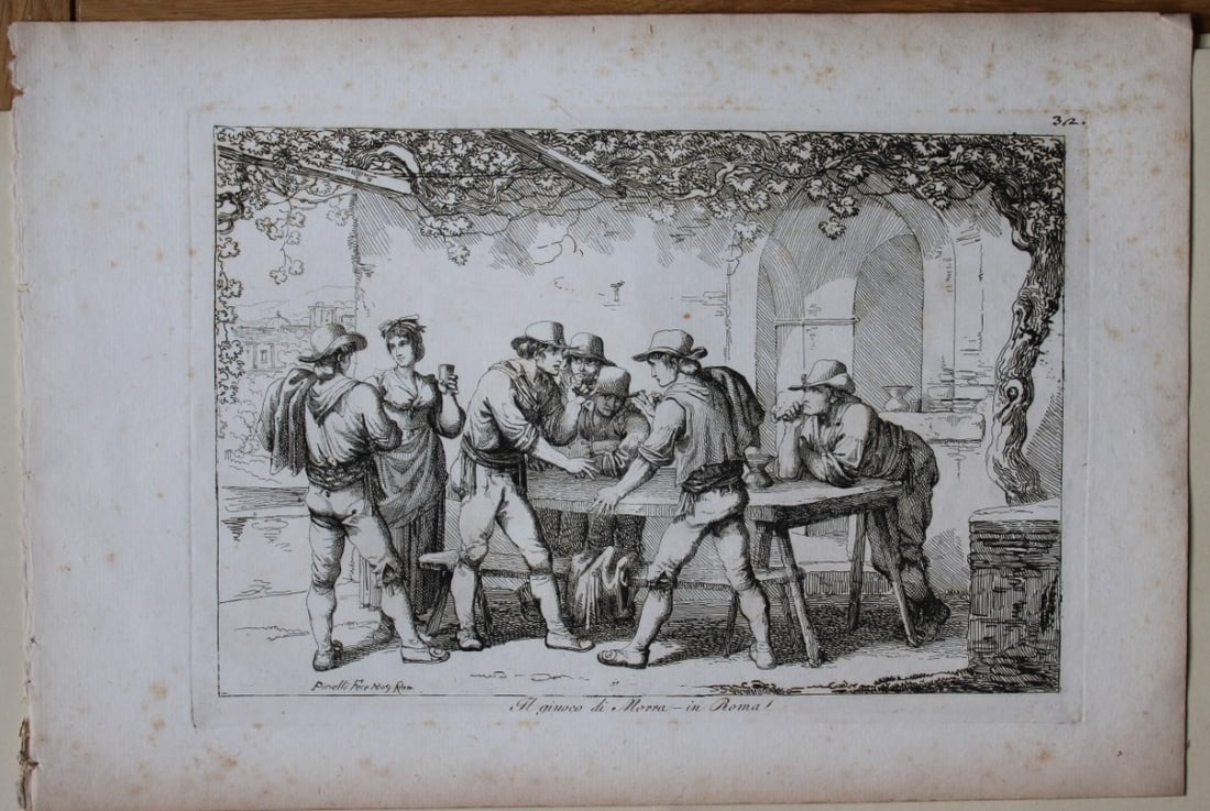 Il giuoco di Morra in Roma by B Pinelli from Costumi Pittoreschi 1809: This etching is from Raccolta di Cinquanta Costumi Pittoreschi incisi all acqua forte da Bartolomeo Pinelli Romano. Published by Lorenzo Lazzari, Rome 1809.This plate is entitled: Il giuoco di Morra i