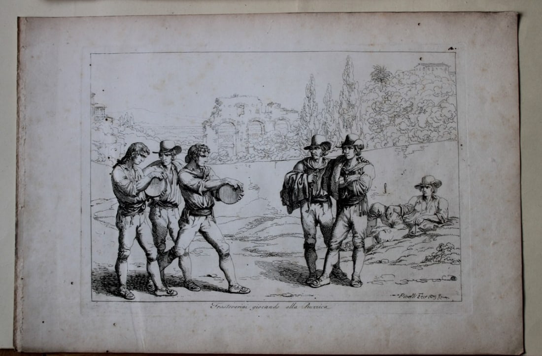 Trasteverini giocando alla Ruzzica by B Pinelli from Costumi Pittoreschi 1809: This etching is from Raccolta di Cinquanta Costumi Pittoreschi incisi all acqua forte da Bartolomeo Pinelli Romano. Published by Lorenzo Lazzari, Rome 1809.This plate is entitled: Frestevenini giocand
