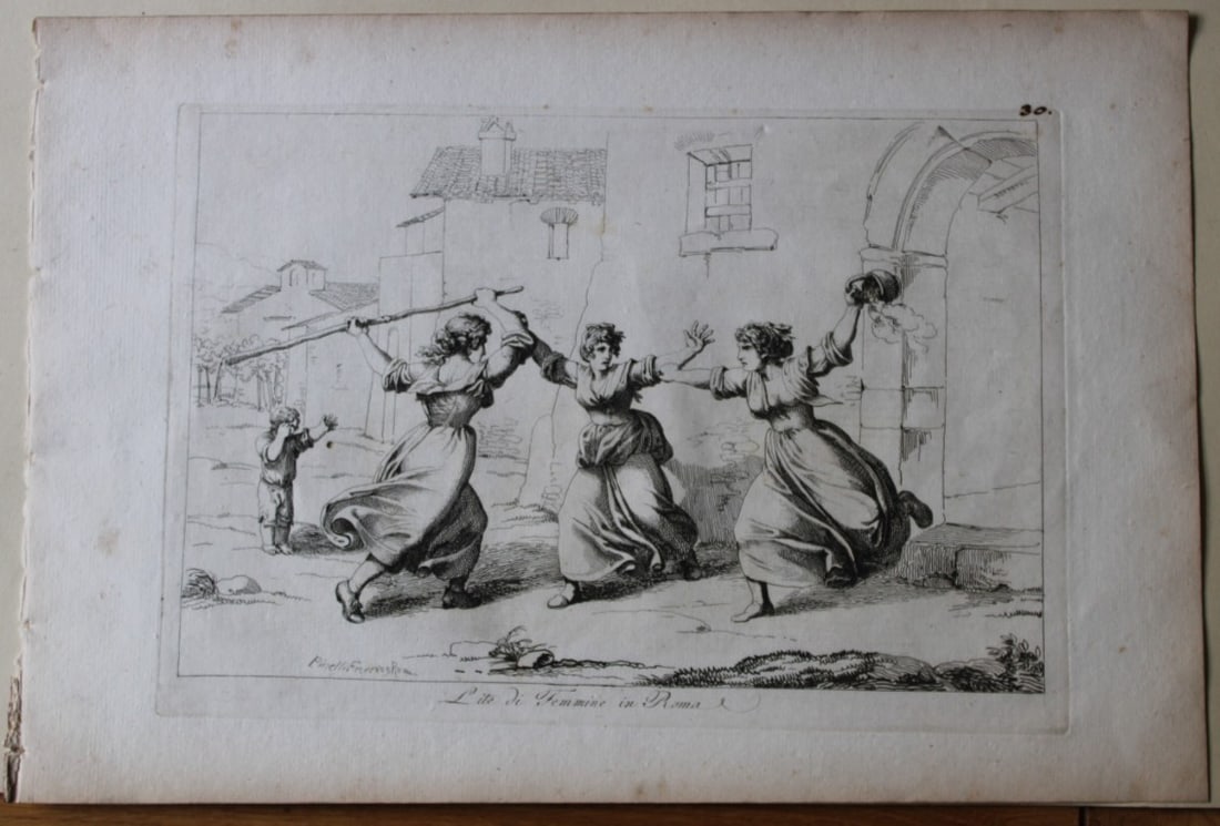 Lite di Femmine in Roma by B Pinelli from Costumi Pittoreschi 1809: This etching is from Raccolta di Cinquanta Costumi Pittoreschi incisi all acqua forte da Bartolomeo Pinelli Romano. Published by Lorenzo Lazzari, Rome 1809.This plate is entitled: Lite di Femmine in R