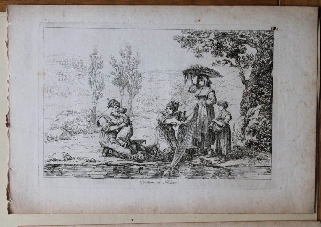 Costumi di Albano by B Pinelli from Costumi Pittoreschi 1809: This etching is from Raccolta di Cinquanta Costumi Pittoreschi incisi all acqua forte da Bartolomeo Pinelli Romano. Published by Lorenzo Lazzari, Rome 1809.This plate is entitled: Costumi di AlbanoThi