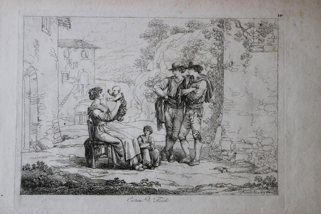 Costumi di Tivoli by B Pinelli from Costumi Pittoreschi 1809: This etching is from Raccolta di Cinquanta Costumi Pittoreschi incisi all acqua forte da Bartolomeo Pinelli Romano. Published by Lorenzo Lazzari, Rome 1809.This plate is entitled: Costumi di TivoliThi