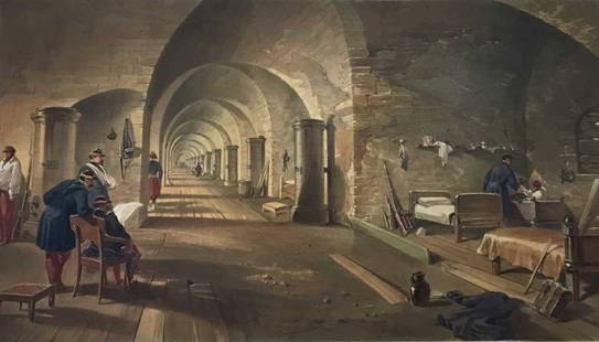 William Simpson - folio of Fort Nicholas 1855: This large lithograph is from the rare deluxe edition folio of The Seat of the War in the East. Published in 1855-56 London by Paul and Dominic Colnaghi and printed by Day and Son.Original full hand-c