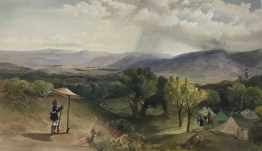 William Simpson - folio of Valley of Baidar 1855: This large lithograph is from the rare deluxe edition folio of The Seat of the War in the East. Published in 1855-56 London by Paul and Dominic Colnaghi and printed by Day and Son.Original full hand-c