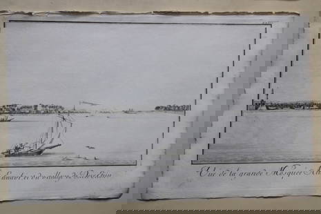 View of the Grand Mosque by Capt. FL Norden 1792: This copperplate engraving is from The Antiquities, Natural History, Ruins and Other Curiosities of Egypt, Nubia and Thebes by Frederic Lewis (or Ludvig) Norden. Printed for Edward Jeffreys, London 17