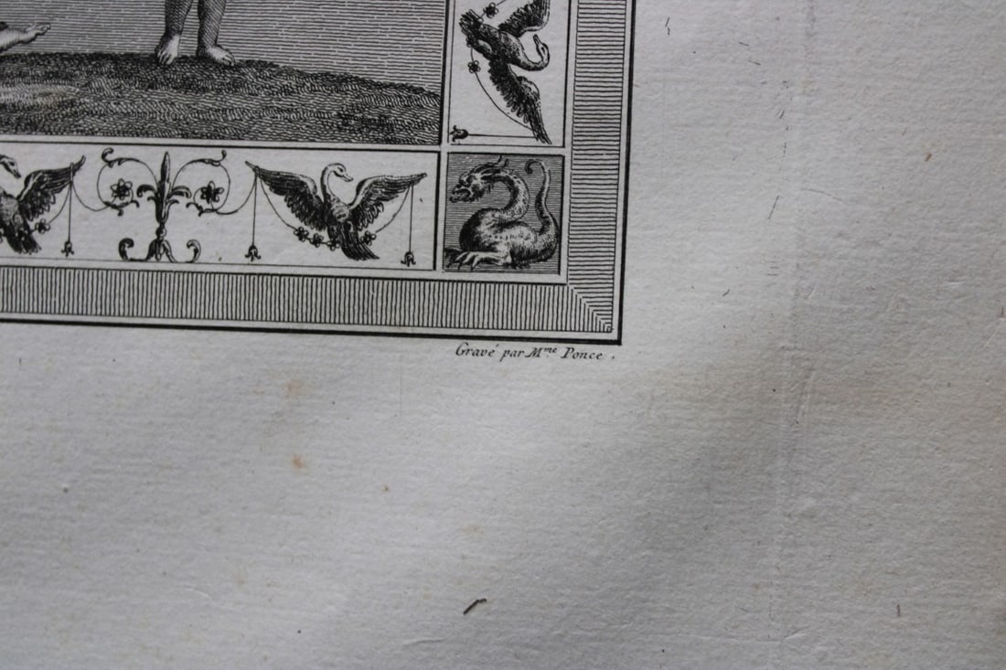 Nicolas Ponce - Original engraving of Roman frescoes by Pauquet 1805: This rare copperplate engraving is from Collection des Tableaux et Arabesques Antiques, trouvés a Rome, dans les ruines des Thermes de Titus by Nicolas Ponce. Paris, Brussels, Lyons etc: 1805. The en