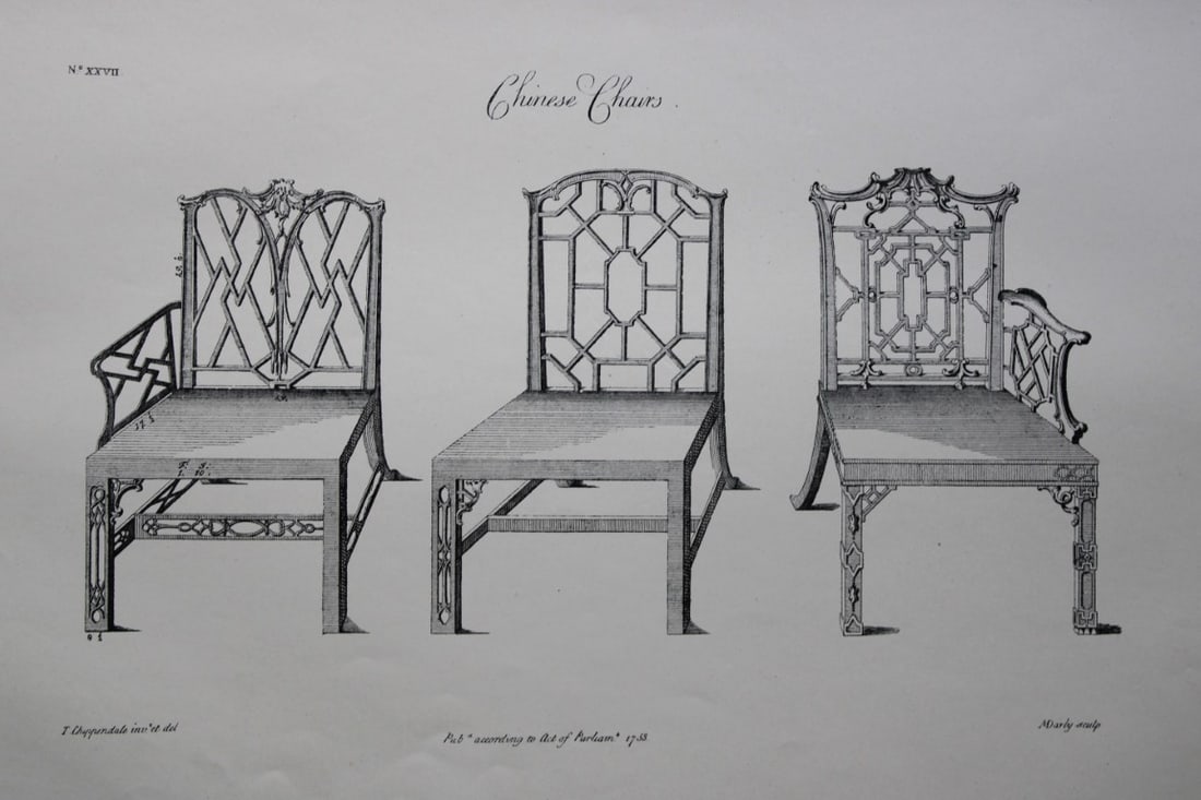Thomas Chippendale - 3 engravings of Chairs 1762: These copperplate engravings are from the third edition of The Gentleman and Cabinet-Maker's Director: being a large collection of the most elegant and useful designs of household furniture, in the mo