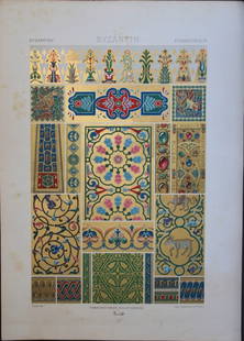 A Racinet - 2 lithographs of Byzantine designs 1873: These lithographic prints of decorative designs are from L?Ornement Polychrome cent planches en couleurs?. by Auguste Racinet. Published by Firmin Didot et Cie and printed by Lemercier et Cie., Paris