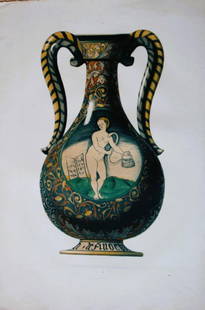 Delange and Bornemann - No 22. Vase 1869: This lithograph of No 22. Vase - Appartenant a M. Cherubini is from Recueil de Faiences Italiennes des XV-e, XVI-e et XVII-e Siecles with text by M. A. Darcel et M. Henri Delange, Paris, 1869.Very ela