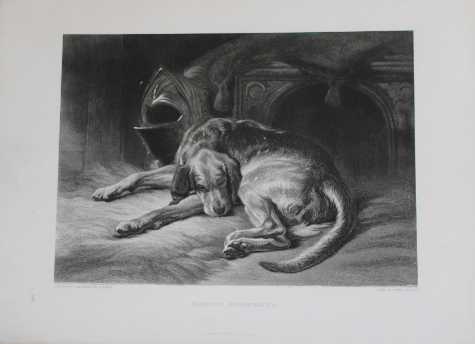 Sir Edwin Landseer - Engraving of Sleeping Bloodhound 1879: This antique print was drawn by Sir Edwin Landseer and engraved by Charles Lewis. Size: 10in x 8.5in (25.5cm x 21cm)