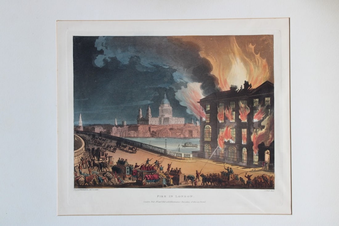 Rowlandson and Pugin - Aquatint of Fire of London 1808 (1 of 2)