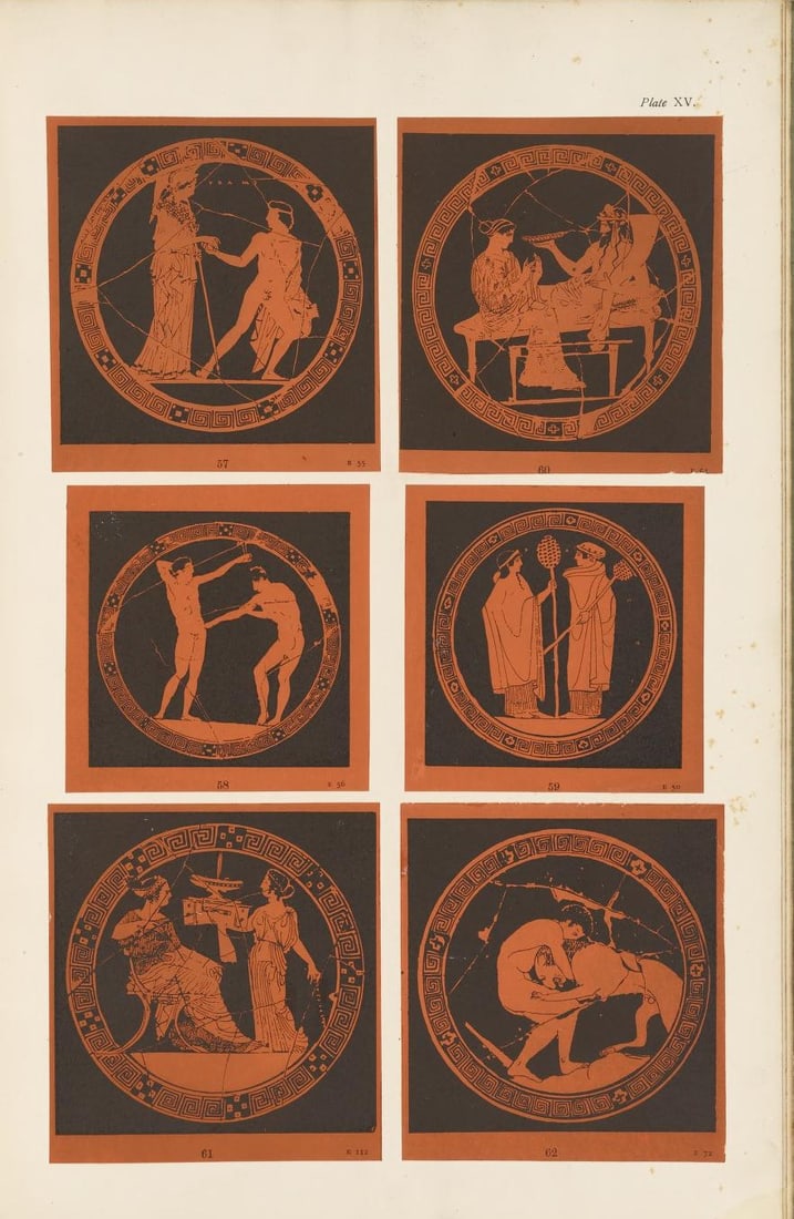 AS Murray - 2 prints of Greek Vases 1894: These prints are from Designs from Greek Vases in the British Museum by Alexander S Murray. Published by Longmans 1894. First edition.They depict interior and exterior designs from kylikes (vases). Th