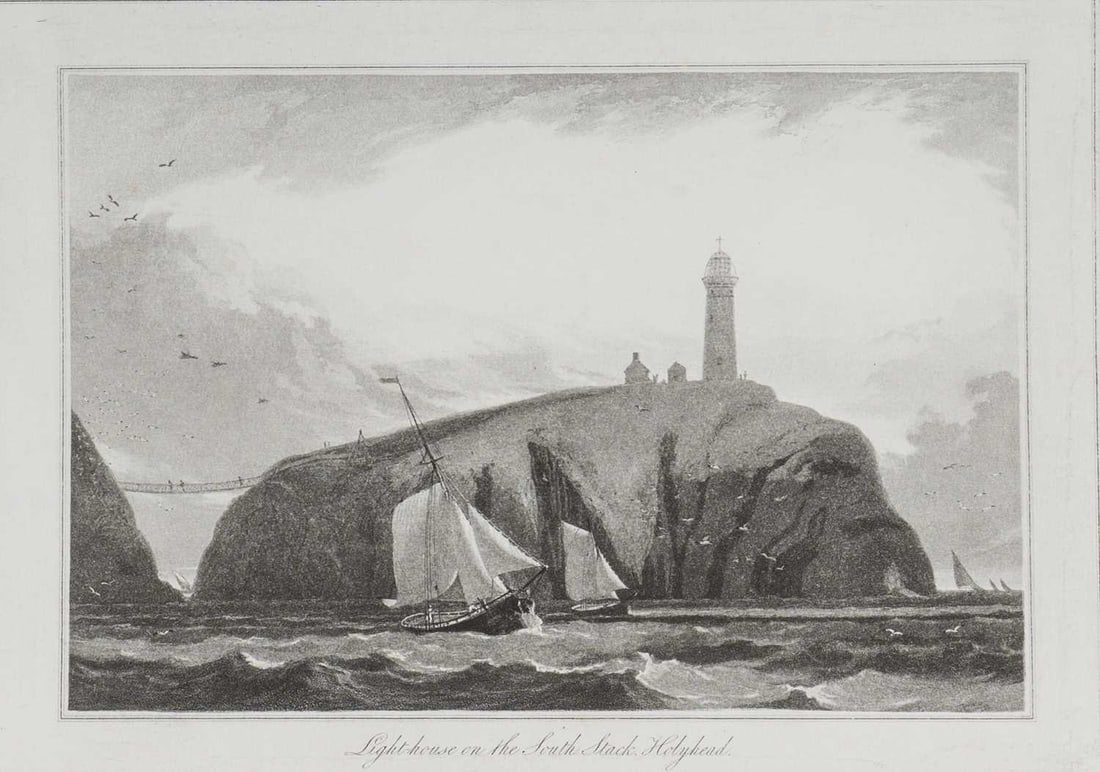 W Daniell - Lighthouse on South Stack, Holyhead c1820: This engraving is from A Voyage Round Great Britain by William Daniell. Printed by Longman, Hurst, Rees, Orme and Brown, London, 1814-25.The engravings in this work were drawn Daniell and engraved by