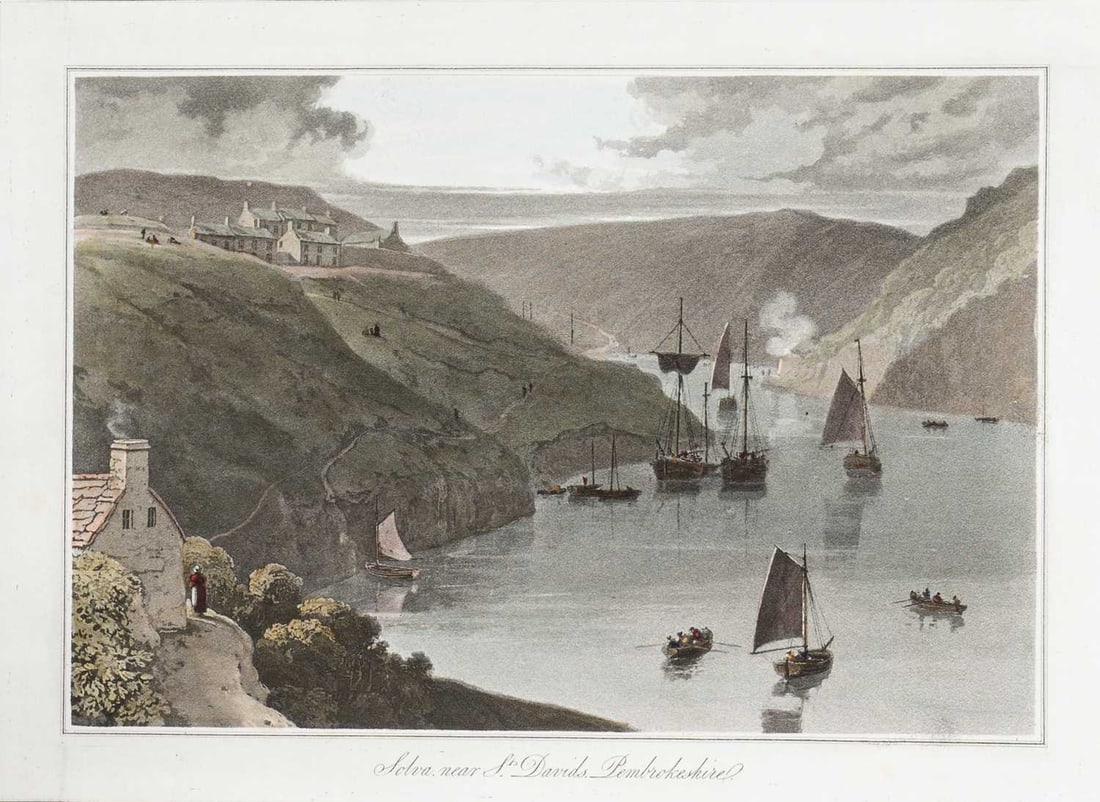 W Daniell - Solva, St Davids c1820: This engraving is from A Voyage Round Great Britain by William Daniell. Printed by Longman, Hurst, Rees, Orme and Brown, London, 1814-25. Hand-coloured aquatint from this work were drawn Daniell and e