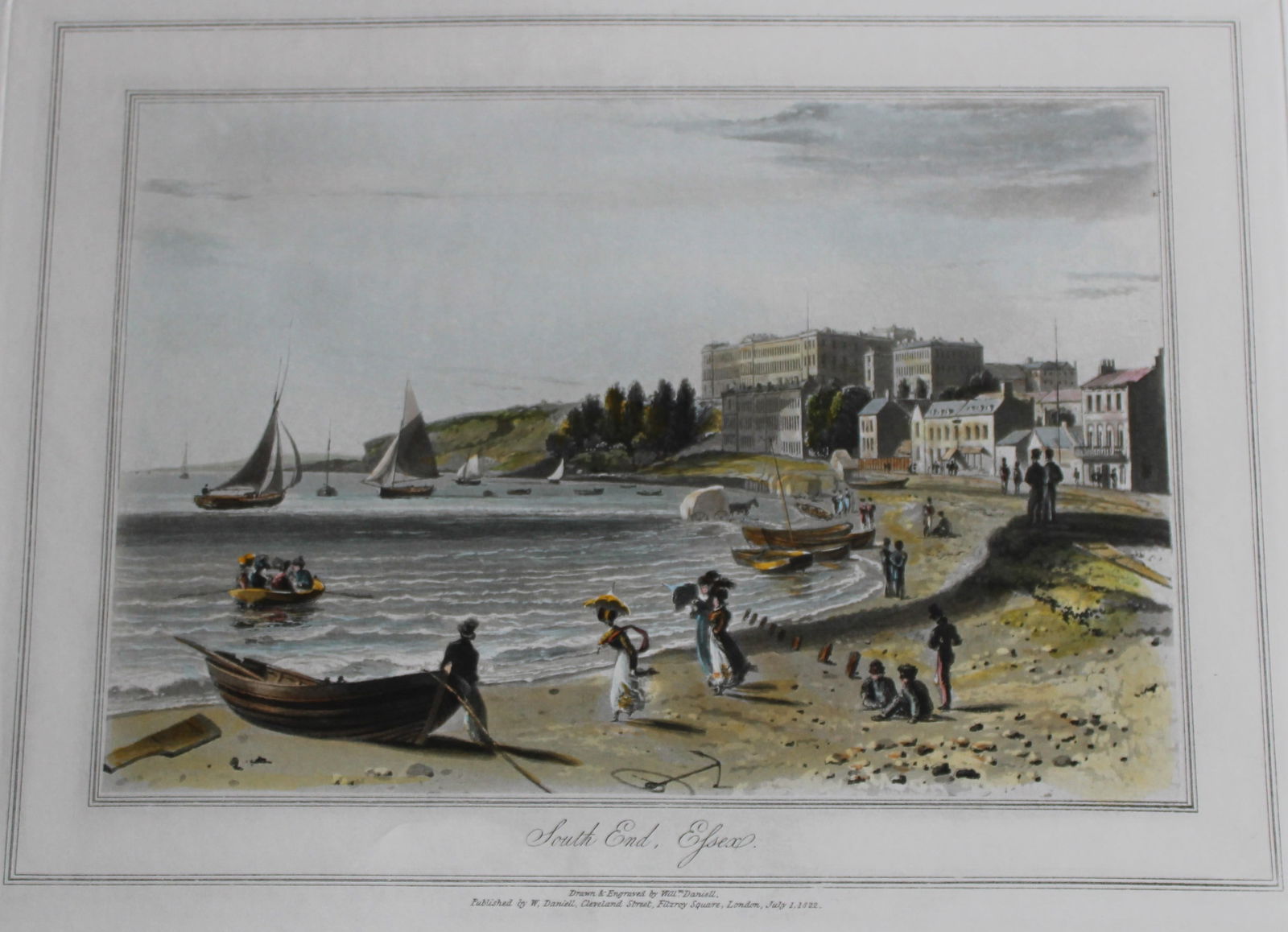 W Daniell - South End Essex c1820: This engraving is from A Voyage Round Great Britain by William Daniell. Printed by Longman, Hurst, Rees, Orme and Brown, London, 1814-25. Hand-coloured aquatint from this work were drawn Daniell and e