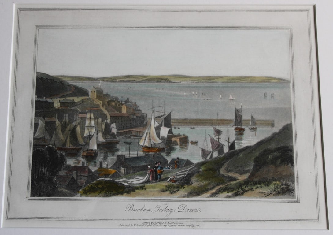 W Daniell - Brixham Devon c1820: This engraving is from A Voyage Round Great Britain by William Daniell. Printed by Longman, Hurst, Rees, Orme and Brown, London, 1814-25.Hand-coloured aquatint from this work were drawn Daniell and en