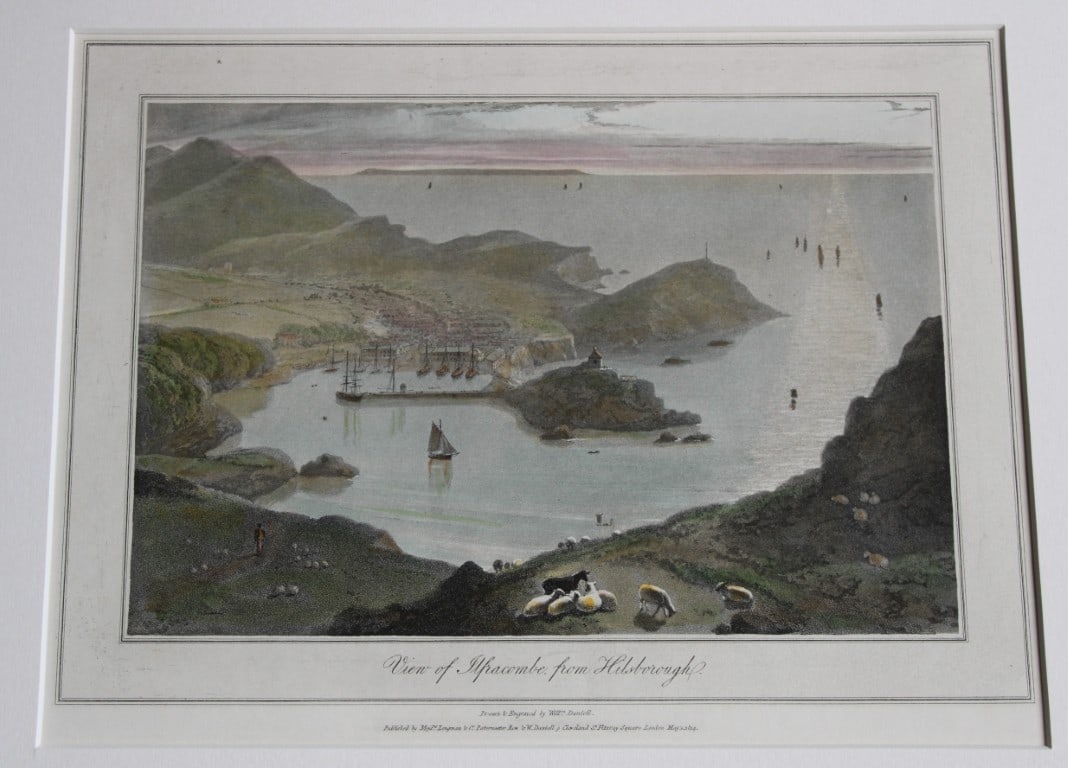 W Daniell - Ilfracombe c1820: This engraving is from A Voyage Round Great Britain by William Daniell. Printed by Longman, Hurst, Rees, Orme and Brown, London, 1814-25.Hand-coloured aquatint from this work were drawn Daniell and en
