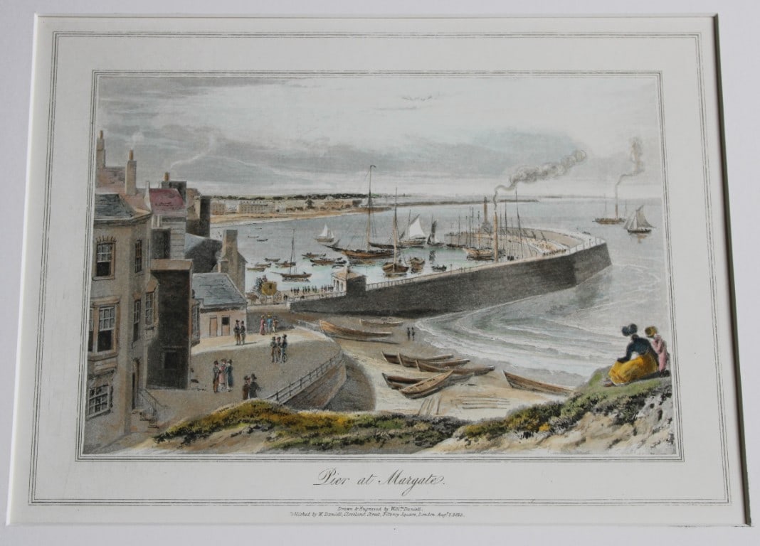 W Daniell - Margate Pier, Kent c1820: This engraving is from A Voyage Round Great Britain by William Daniell. Printed by Longman, Hurst, Rees, Orme and Brown, London, 1814-25.Hand-coloured aquatint from this work were drawn Daniell and en