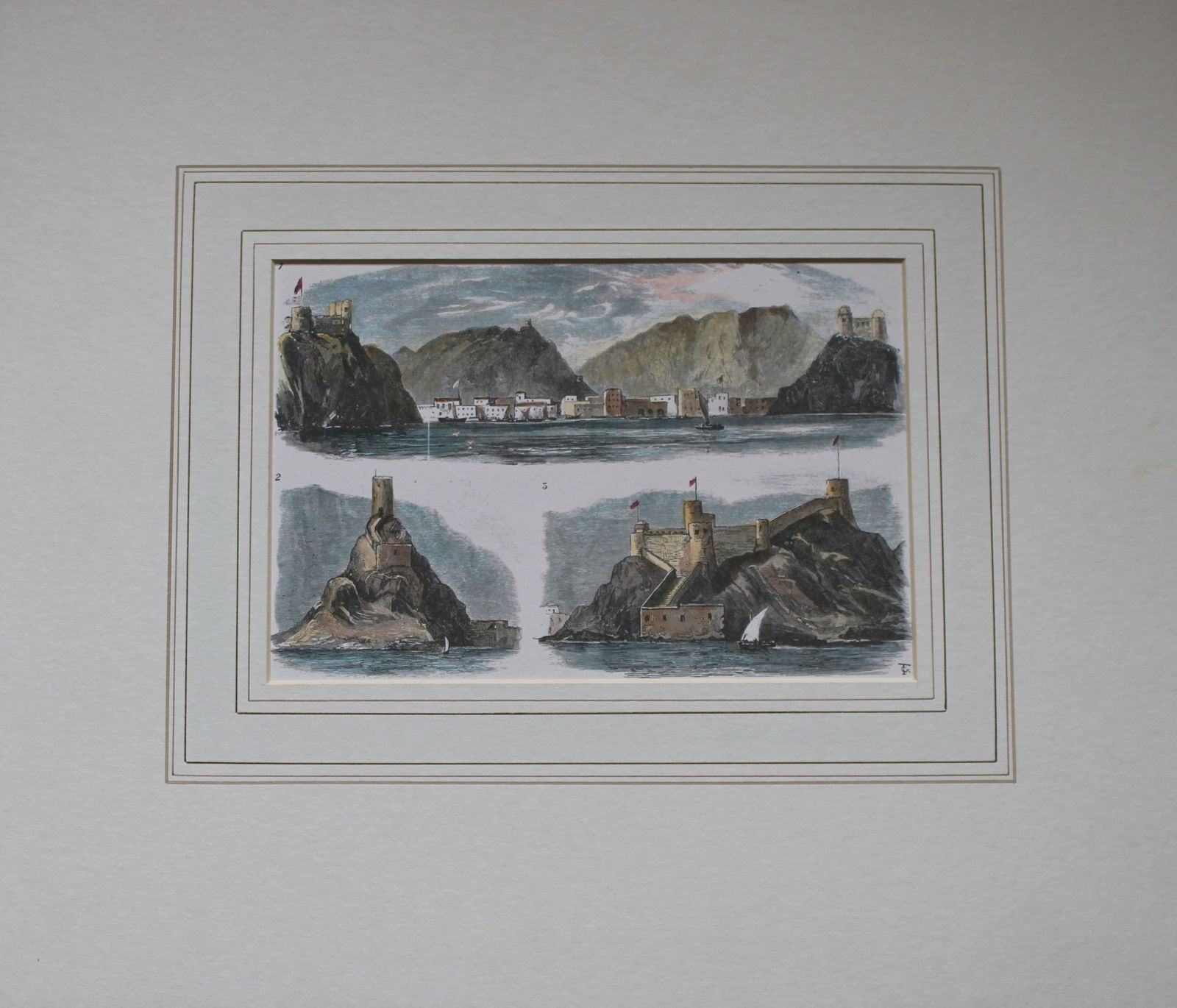 The Graphic - Siege of Muscat 1883: Hand coloured steel engraving of the Siege of Muscat from the Graphic 17 Nov 1883. Showing Muscat from the harbour, Fort of Es-Sirat-el-Gharbiyyah and Fort Kallat-el-GharbiyyahSize 11.5in x 8.5in (29c