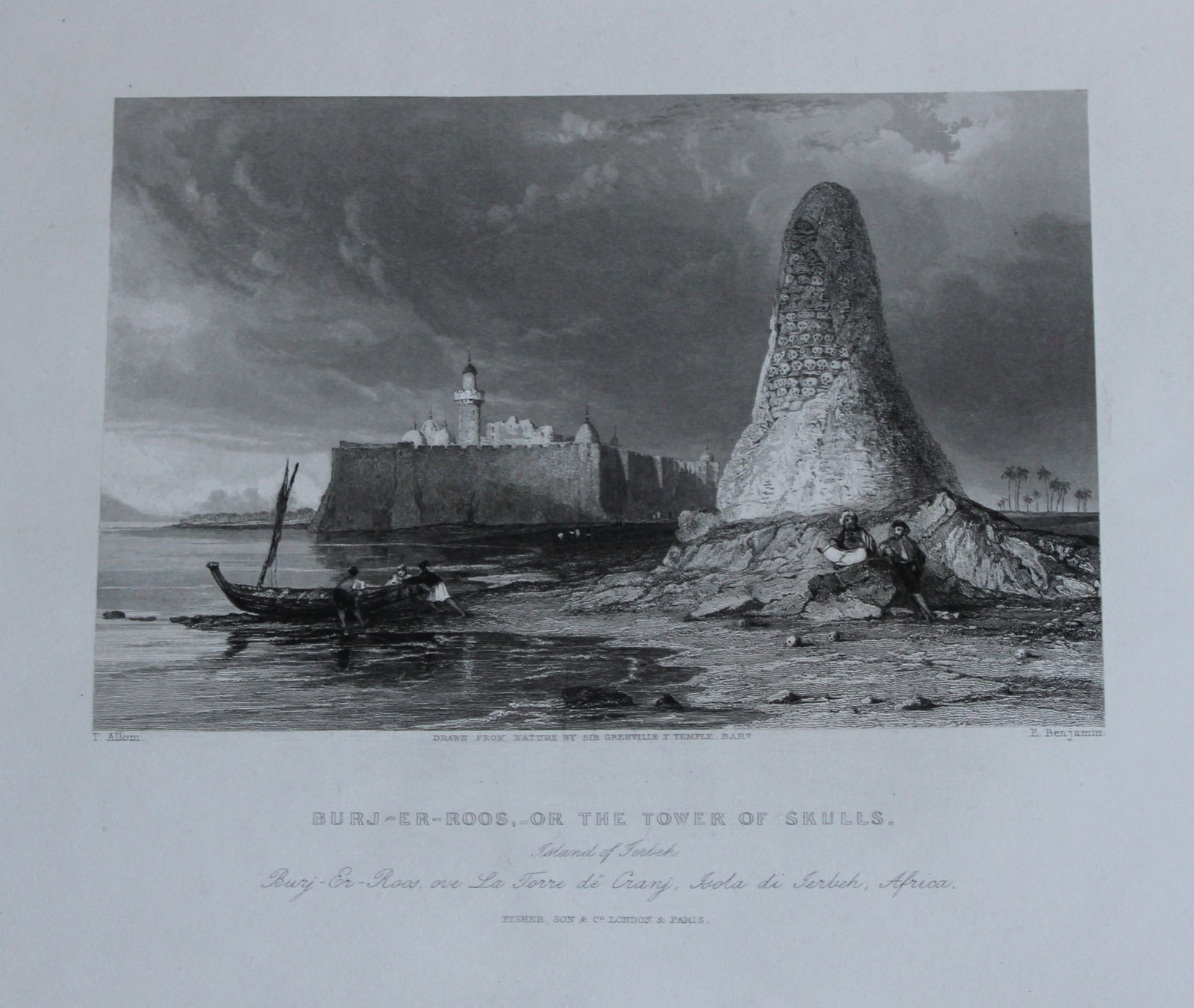 T Allom - Pyramid of Skulls, Djerba, Tunisia 1838: This antique print is entitled The Pyramid of Skulls at Djerba Tunisia drawn by Thomas Allom after Sir Grenville Temple and engraved by E Benjamin.The Ottomans erected a pyramid of skulls of the defea