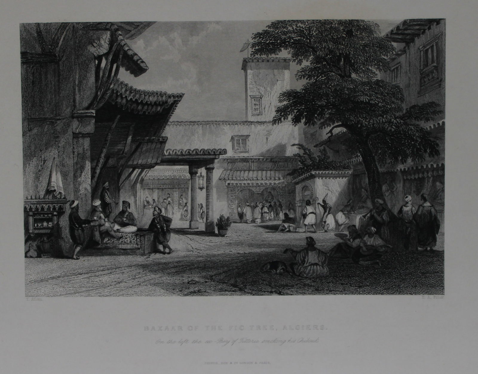 T Allom - View of Old Bazaar, Fig Tree in Algiers 1838: This original steel plate engraved antique print by Thomas Allom is from Syria, the Holy land, Asia Minor, 1838.Size: - 11in x 8.5in (28cm x 21.5cm)