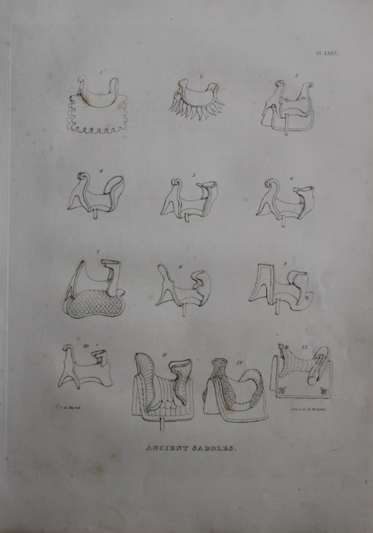 Ancient Saddles by Samuel Meyrick 1842: This superb hand-coloured engraving of Ancient Saddles by Samuel Meyrick 1842 from the 1842 enlarged folio edition of A Critical Inquiry into Antient Armour, as it existed in Europe, particularly in G