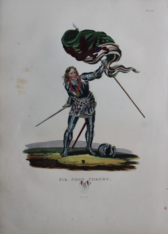 Sir John Cheney by Samuel Meyrick 1842: This superb hand-coloured engraving of Sir John Cheney by Samuel Meyrick 1842 from the 1842 enlarged folio edition of A Critical Inquiry into Antient Armour, as it existed in Europe, particularly in G