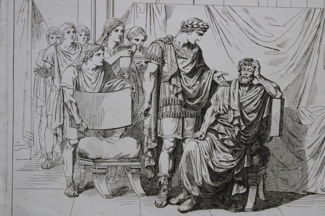 B Pinelli - Folio etching of Senator Tetrinus from Istoria Romano 1821: This etching is from Istoria Romana (Roman History) by Bartolomeo Pinelli. Published by Presso Vincenzo Poggioli, Rome 1821.The plate is entitled Il Senatore Gallo Tetrino essendo divenuto cieco e sol