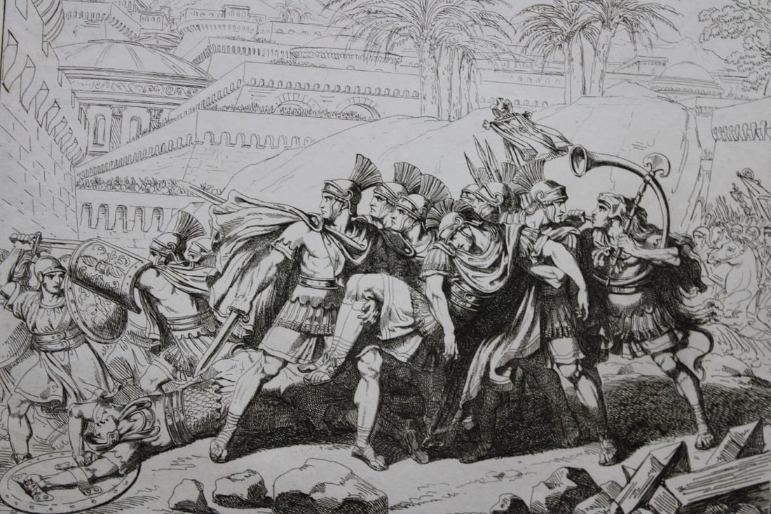 B Pinelli - Gioseffo Flavio urges surrender from Istoria Romano 1821: This etching is from Istoria Romana (Roman History) by Bartolomeo Pinelli. Published by Presso Vincenzo Poggioli, Rome 1821.The full title of this work is Raccolta di No. 100 Soggetti Li Pi? Rimarchev