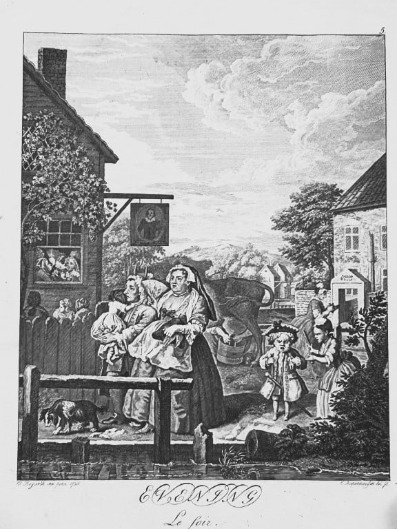 W Hogarth - 4 engravings of the Times of the Day by Riepenhausen 1820: This set of engravings was made by Ernst Ludwig Riepenhausen after William Hogarth. Published in Weimar 1820.Ernst Ludwig Riepenhausen (1765-1840) was well respected for his engravings after Hogarth,