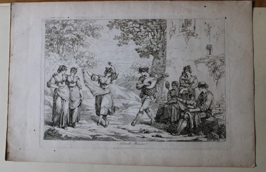 Saltarello Romano by B Pinelli from Costumi Pittoreschi 1809: This etching is from Raccolta di Cinquanta Costumi Pittoreschi incisi all acqua forte da Bartolomeo Pinelli Romano. Published by Lorenzo Lazzari, Rome 1809.This plate is entitled: Saltarello RomanoThi