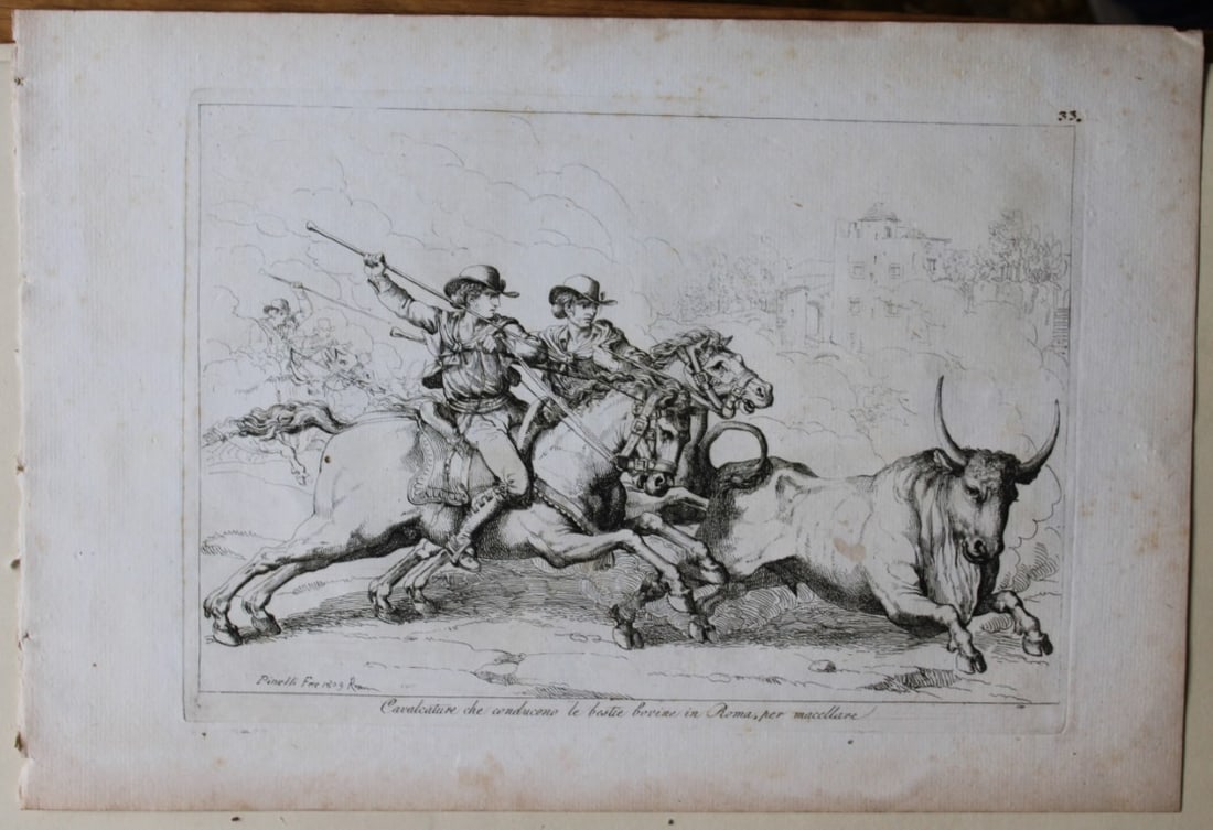 Cavalcature che conduceno le bovine by B Pinelli from Costumi Pittoreschi 1809: This etching is from Raccolta di Cinquanta Costumi Pittoreschi incisi all acqua forte da Bartolomeo Pinelli Romano. Published by Lorenzo Lazzari, Rome 1809.This plate is entitled: Cavalcature che cond