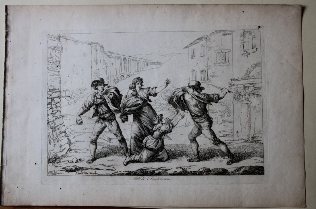 Lite di Trasteverini by B Pinelli from Costumi Pittoreschi 1809: This etching is from Raccolta di Cinquanta Costumi Pittoreschi incisi all acqua forte da Bartolomeo Pinelli Romano. Published by Lorenzo Lazzari, Rome 1809.This plate is entitled: Lite di Trasteverini