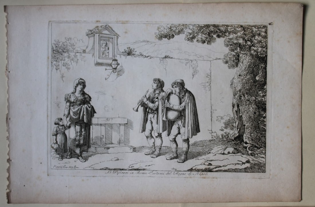 Li Piferari in Roma by B Pinelli from Costumi Pittoreschi 1809: This etching is from Raccolta di Cinquanta Costumi Pittoreschi incisi all acqua forte da Bartolomeo Pinelli Romano. Published by Lorenzo Lazzari, Rome 1809.This plate is entitled: Li Piferari in RomaT