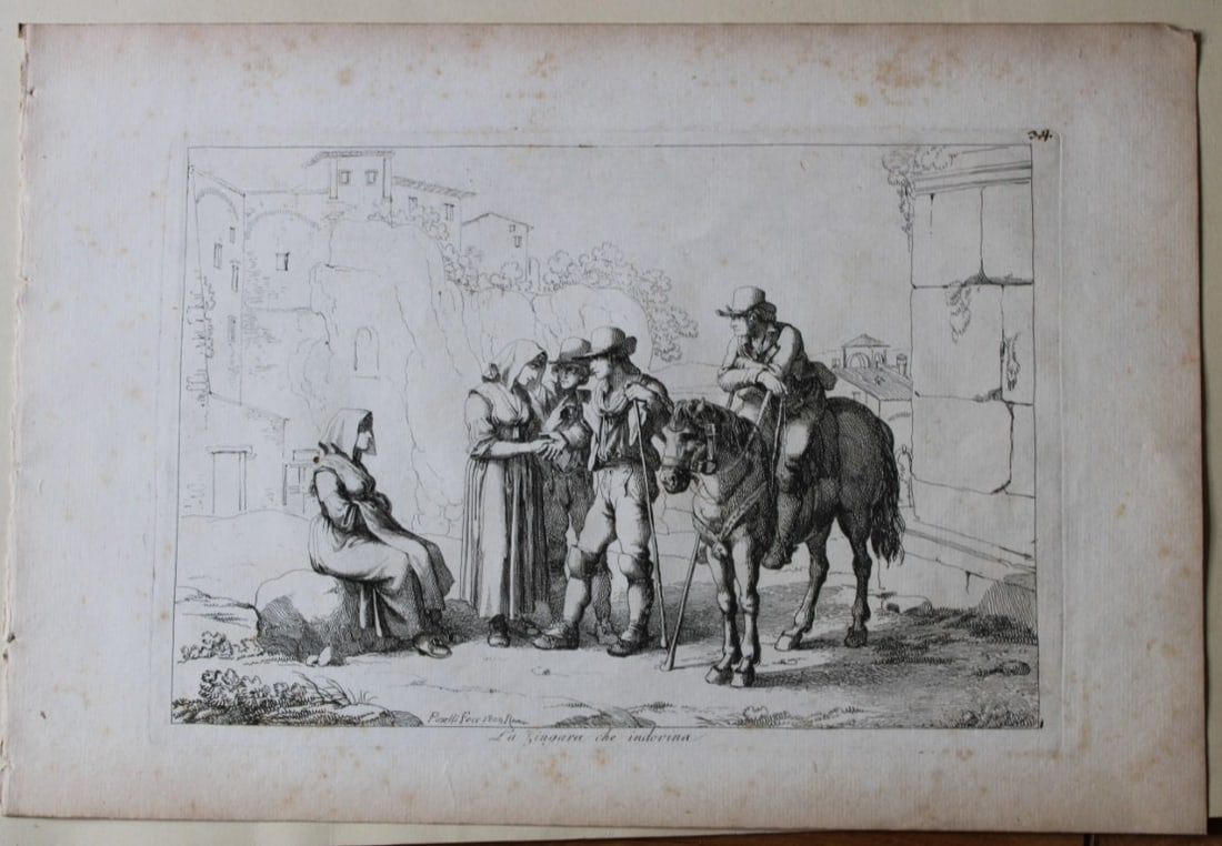 La Zingara che indovina by B Pinelli from Costumi Pittoreschi 1809: This etching is from Raccolta di Cinquanta Costumi Pittoreschi incisi all acqua forte da Bartolomeo Pinelli Romano. Published by Lorenzo Lazzari, Rome 1809.This plate is entitled: La Zingara che indov