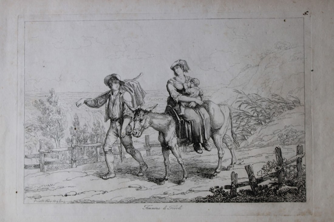 Femmina di Tivoli by B Pinelli from Costumi Pittoreschi 1809: This etching is from Raccolta di Cinquanta Costumi Pittoreschi incisi all acqua forte da Bartolomeo Pinelli Romano. Published by Lorenzo Lazzari, Rome 1809.This plate is entitled: Femmina di TivoliThi