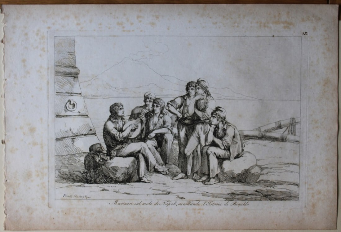 Marinari ascoltando l'Istoria by B Pinelli from Costumi Pittoreschi 1809: This etching is from Raccolta di Cinquanta Costumi Pittoreschi incisi all acqua forte da Bartolomeo Pinelli Romano. Published by Lorenzo Lazzari, Rome 1809.This plate is entitled: Marinari sul moto di