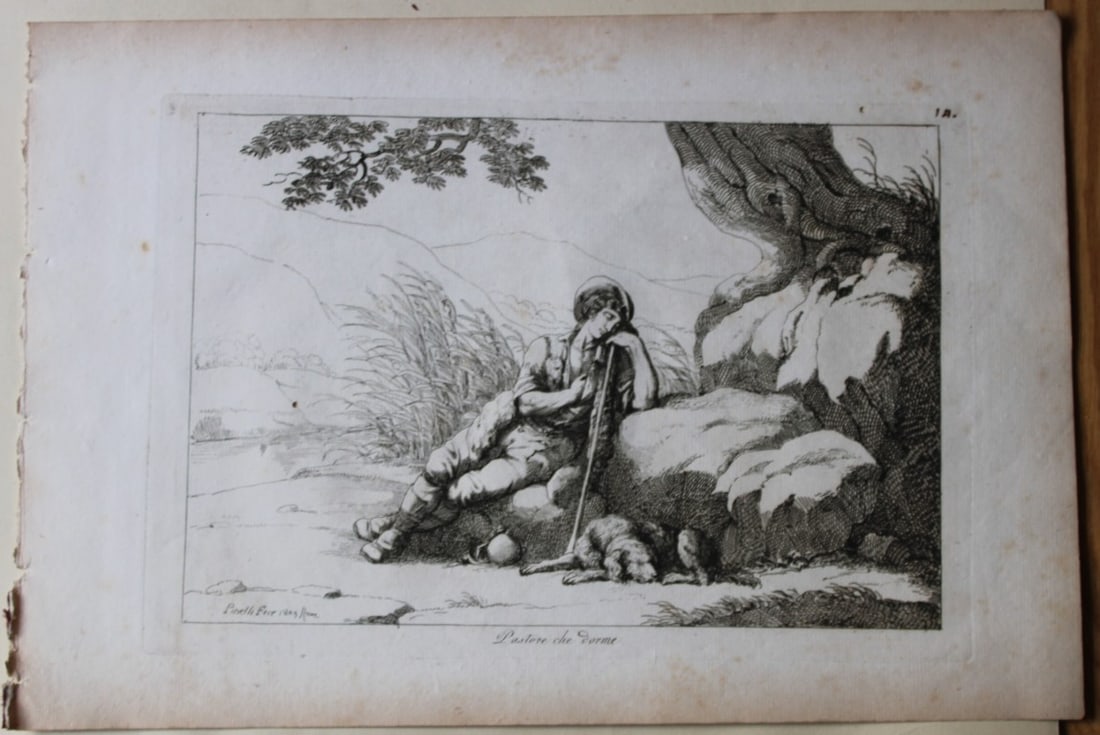 Pastore che dorme by B Pinelli from Costumi Pittoreschi 1809: This etching is from Raccolta di Cinquanta Costumi Pittoreschi incisi all acqua forte da Bartolomeo Pinelli Romano. Published by Lorenzo Lazzari, Rome 1809.This plate is entitled: Pastore che dormeThi