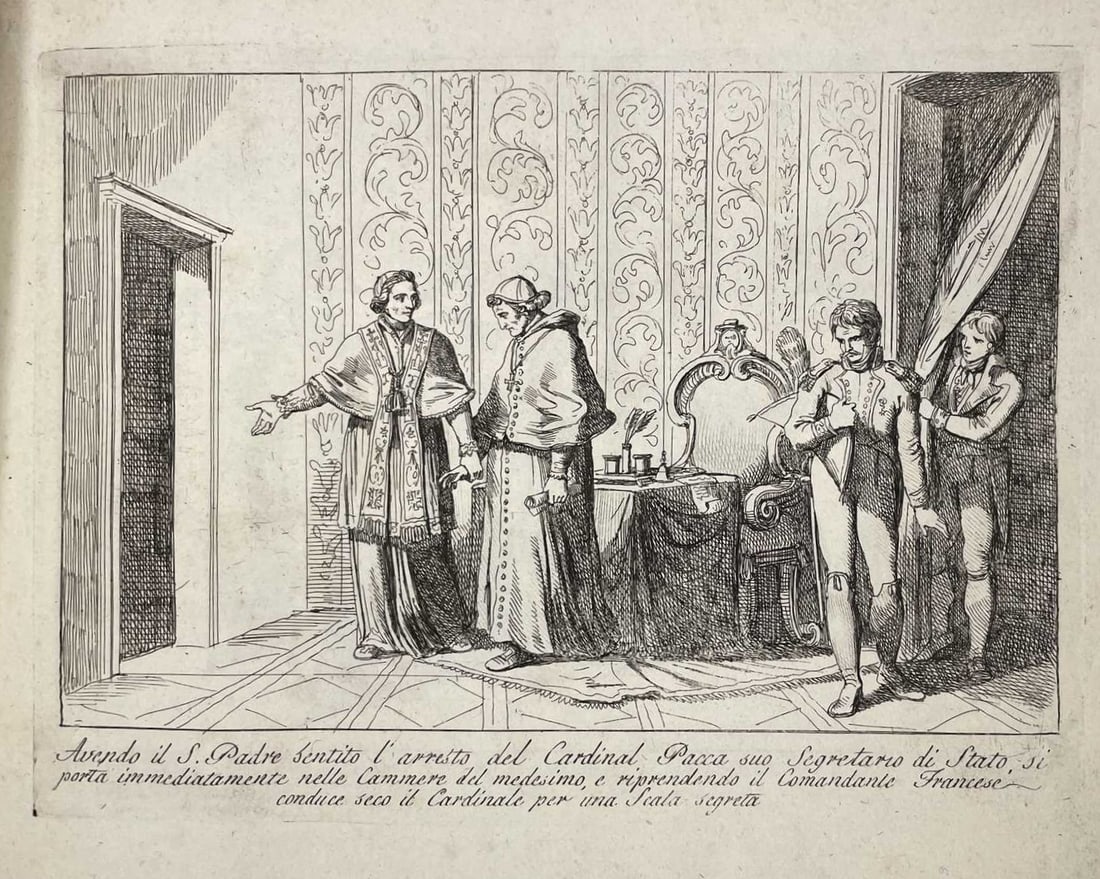 B Pinelli - Pope Pius VII after the arrest of Cardinal Pacca 1808: This is an original etching by Italian artist Bartolomeo Pinelli in 1819. With the description of scene in the lower margin in Italian. In 1809 during the Napoleonic Wars, Napoleon once again invaded