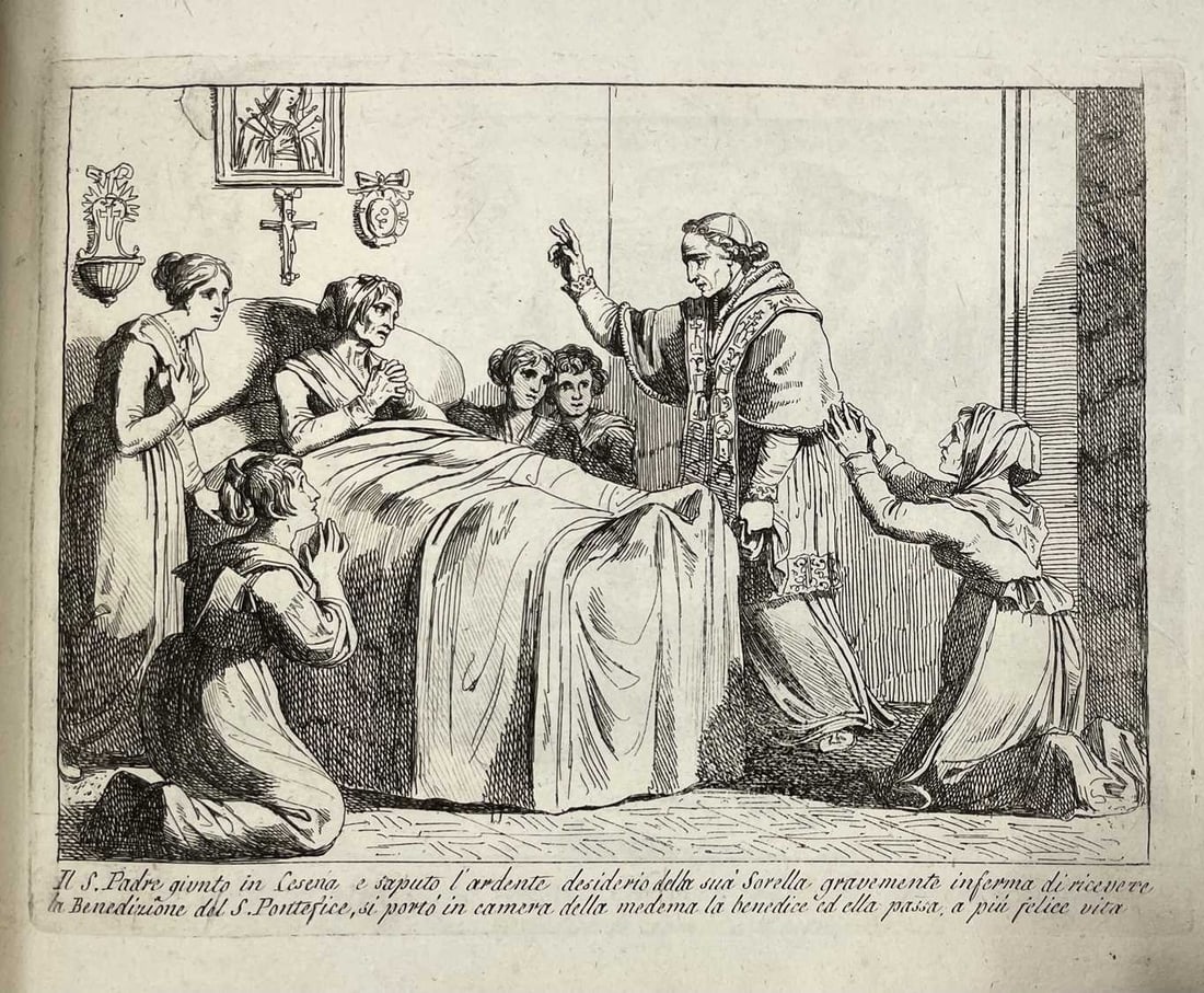 B Pinelli - Pope Pius VII in Cesena with his dying sister 1808: This is an original etching by Italian artist Bartolomeo Pinelli in 1819. With the description of scene in the lower margin in Italian. In 1809 during the Napoleonic Wars, Napoleon once again invaded