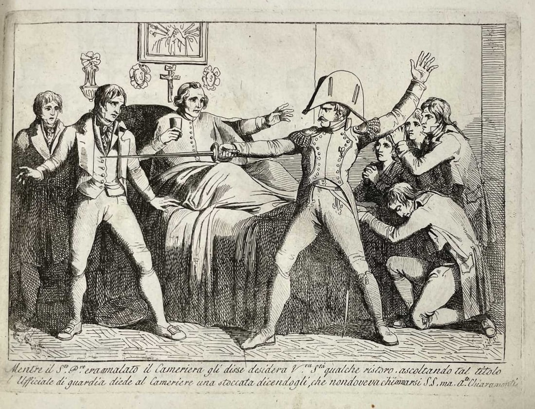 B Pinelli - Pope Pius VII being called Your Highness 1808: This is an original etching by Italian artist Bartolomeo Pinelli in 1819. With the description of scene in the lower margin in Italian. In 1809 during the Napoleonic Wars, Napoleon once again invaded