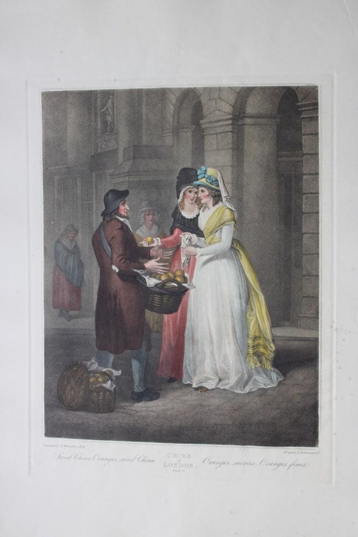 Francis Wheatley - Cries of London 19th century engraving Plate 3: This large engraving is from the series entitled Cries of London by Francis Wheatley R.A and engraved by Luigi Schiavonetti, date unknown. Between 1792 and 1795 Wheatley exhibited 14 paintings of the