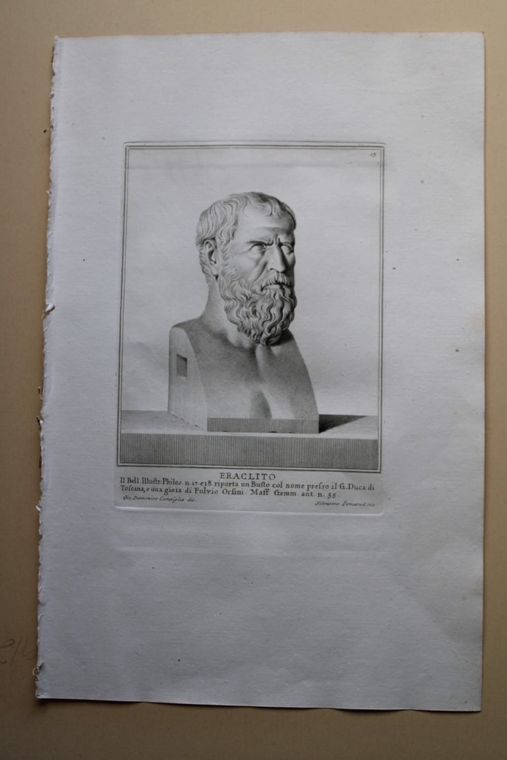 Giovanni Campiglia- Bust of Heraclitus by Francesco Massoni 1741: This engraving is from Del Museo Capitolino, Tomo I, Contente Immagi D'vomini illusti by Giovanni Bottari. Rome: si vente alla Calcografia Cambrale al Piede di Marmo 1741, Title translates as: Of the