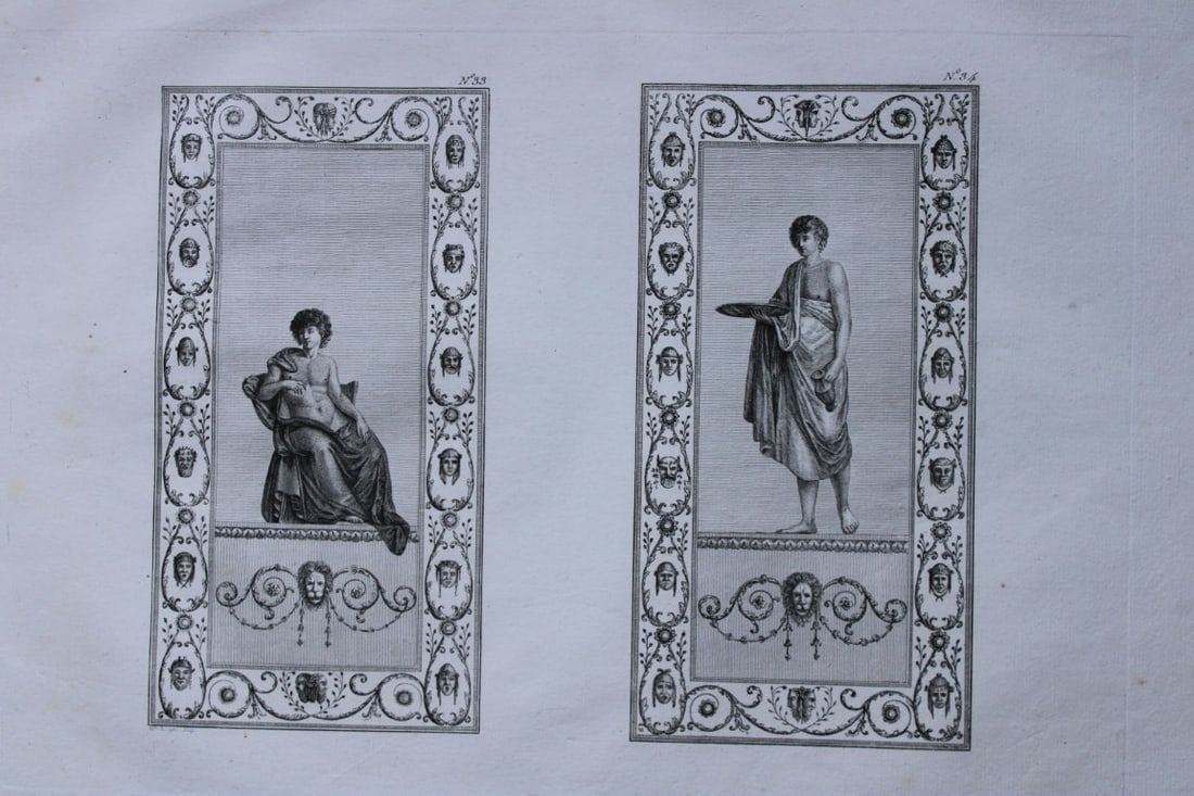 Nicolas Ponce - Original engraving of Roman frescoes by Mlle. De Gai 1805: This rare copperplate engraving is from Collection des Tableaux et Arabesques Antiques, trouvés a Rome, dans les ruines des Thermes de Titus by Nicolas Ponce. Paris, Brussels, Lyons etc: 1805. The en