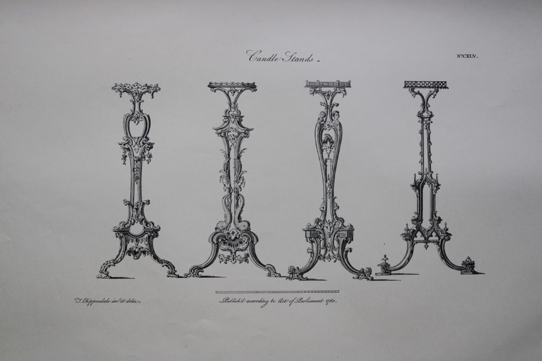 Thomas Chippendale - 3 engravings of Candle Stands 1762: These copperplate engravings are from the third edition of The Gentleman and Cabinet-Maker's Director: being a large collection of the most elegant and useful designs of household furniture, in the mo