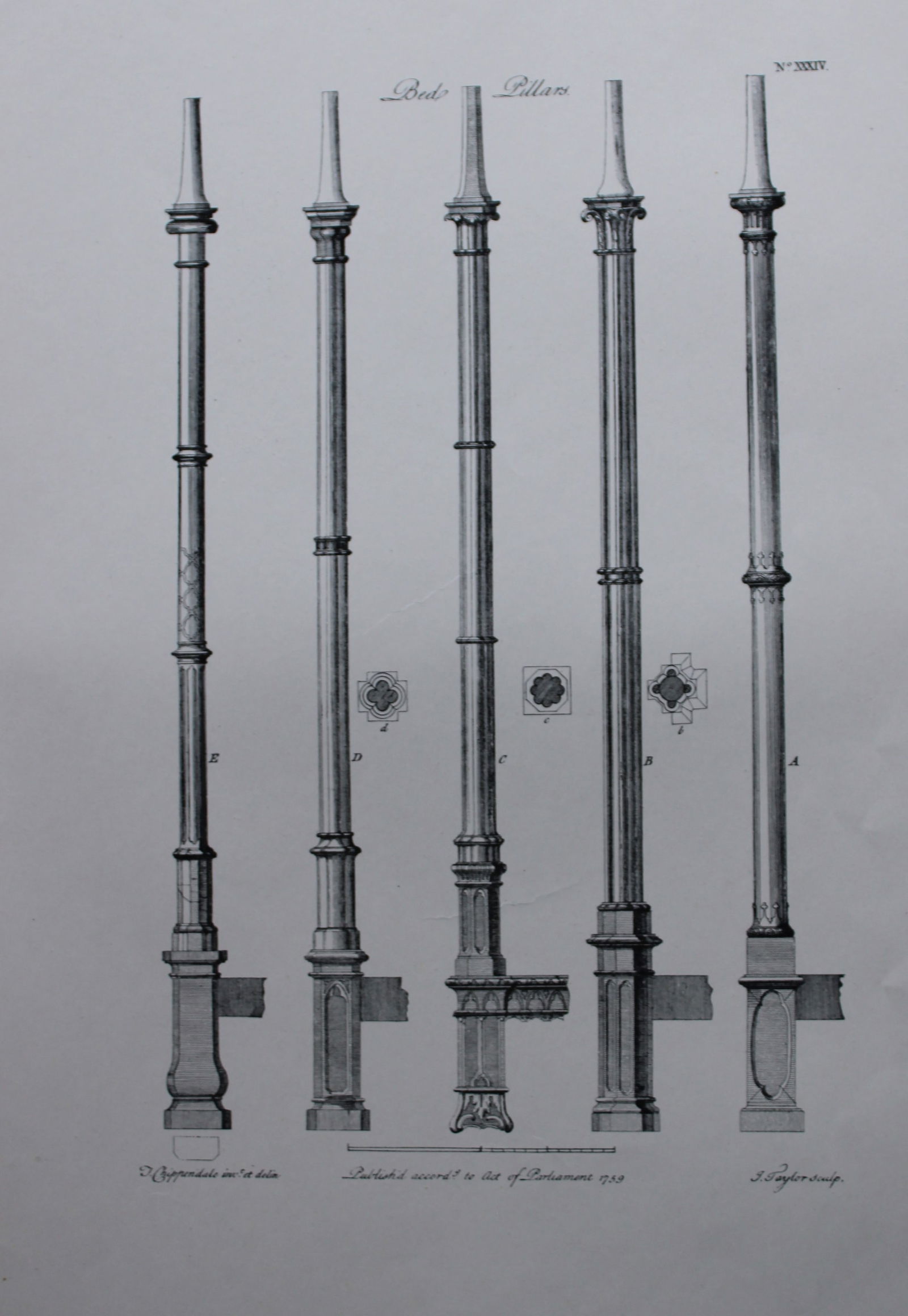 Thomas Chippendale - 2 engravings of designs of bed pillars 1762: These copperplate engravings are from the third edition of The Gentleman and Cabinet-Maker's Director: being a large collection of the most elegant and useful designs of household furniture, in the mo