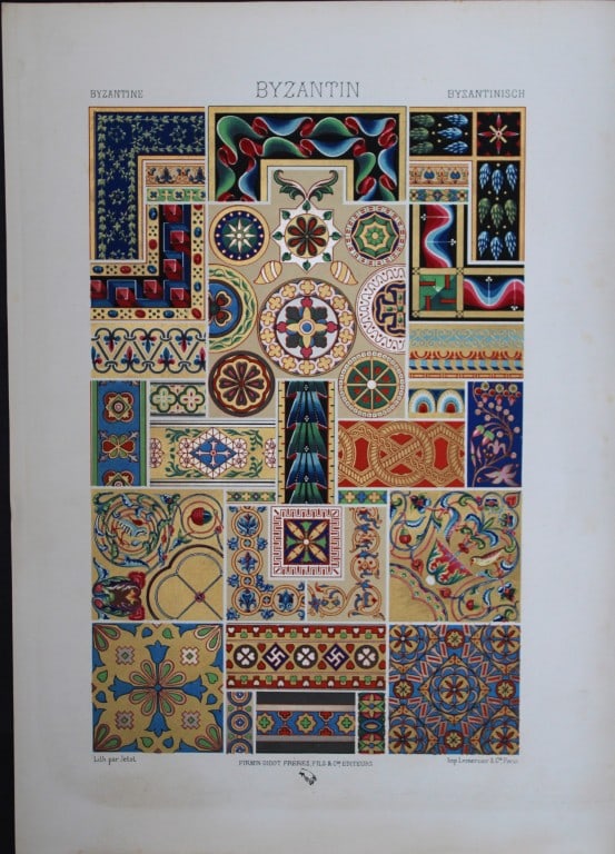 A Racinet - 2 lithographs of Byzantine designs 1873: These lithographic prints of decorative designs are from L'Ornement Polychrome cent planches en couleurs by Auguste Racinet. Published by Firmin Didot et Cie and printed by Lemercier et Cie. Paris 187