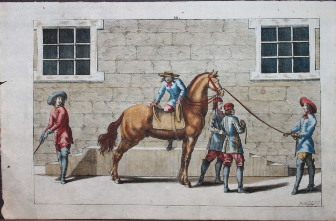 Georg Winter - Rare Bellerophon engraving of dressage training 1678: This rare hand-coloured dressage print is from Bellerophon, sive eques peritus?. by Georg Winter and engraved by Peter Paul Tr?schel , published in Nuremberg 1678. Georg Simon Winter von Adlersfl?gel