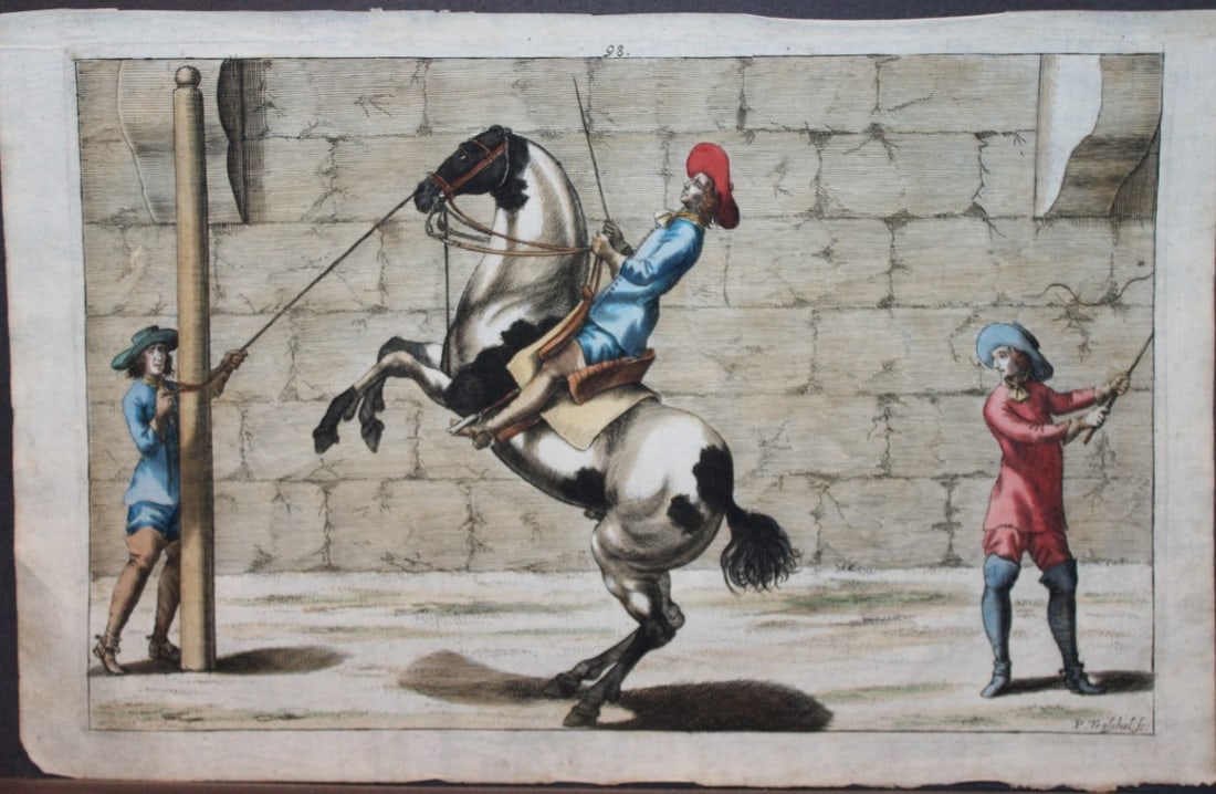 Georg Winter - Rare Bellerophon engraving of dressage training 1678: This rare hand-coloured dressage print is from Bellerophon, sive eques peritus?. by Georg Winter and engraved by Peter Paul Tr?schel , published in Nuremberg 1678. Georg Simon Winter von Adlersfl?gel